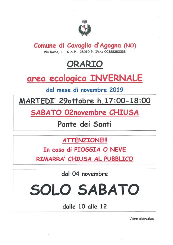 Orario Invernale 2019 - Area Ecologica