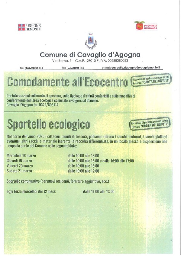 AVVISO ORARI SPORTELLO ECOLOGICO - FORNITURA ANNUALE E MENSILE 