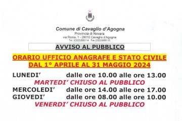 Orario pubblico ufficio Anagrafe e Stato Civile dal 01.04 al 31.05.2024